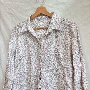 Women's Pink Floral Button-Up Shirt - Lightweight Collared Top Pure Linen